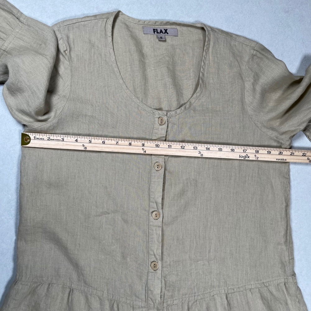 FLAX Button Up Top Women's Small Beige Linen Peplum Ruffle 3/4‎ Sleeve Lagenlook - Picture 6 of 7